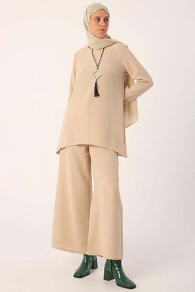 ALLDAY Beige Necklace Wide Leg Trousers Tunic Suit