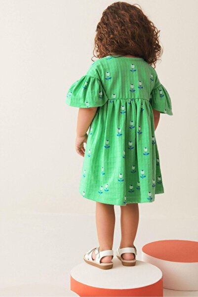 Magu Girl's Green Tulip Patterned Cotton Dress