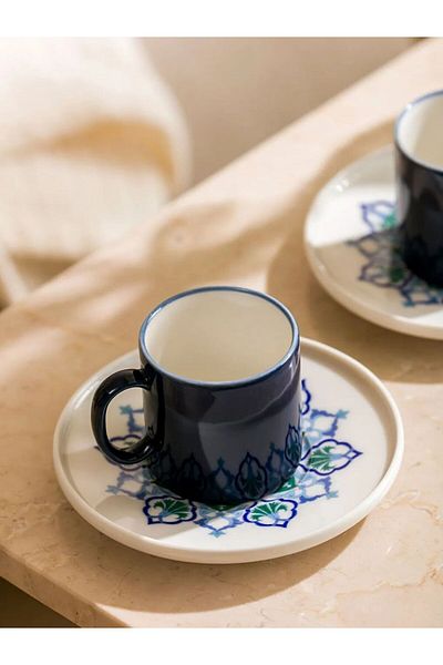 LC Waikiki Lcw Home Blue Printed Porcelain 2-Person Coffee Cup Set 90 ml