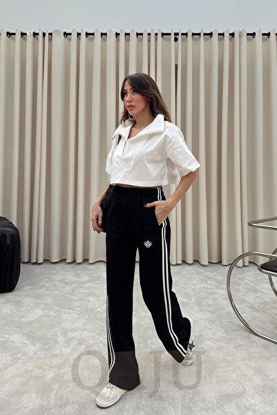 Qaju Track Geniş Paça Yan Şeritli Eşofman Altı - Siyah