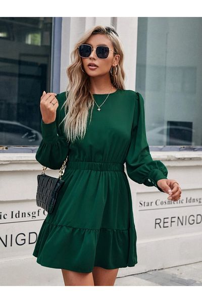İpeksi Silky Women's Long Sleeve Crew Neck Elastic Waist Ruffled Imported Crepe Dress