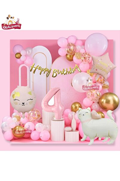 Bkmc Yıldız ve Kedi Folyo Pembe 4 Yaş Folyo Balonlu İyi Ki Doğdun Yazılı Pemb...