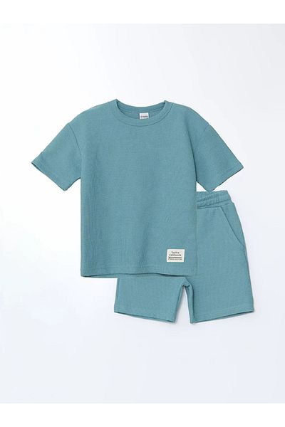 LC Waikiki Lcw Kids Green Crew Neck Textured Boys T-Shirt and Shorts