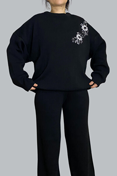 mefru طقم سويت شيرت نسائي بطبعة زهور وبنطلون سفلي وملابس تريكو