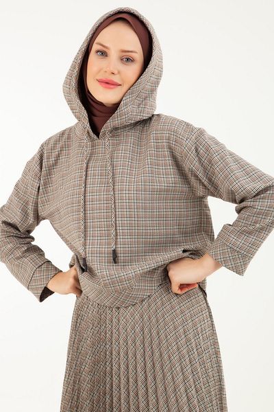 Armine TREND Armine Trend Hooded Blouse and Elastic Waisted Pleated Plaid Patterned Skirt