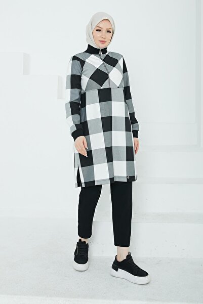 Armine TREND ARMİNE TREND Yarım Fermuarlı Kolları Ribanalı Tunik Siyah Beyaz 24KT416