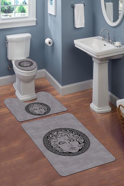 Doruklar Home Collection Set de scaune de toaletă antiderapante, lavabile, cu model modern, 3 piese - Set de covorașe de baie APL02