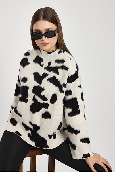 Rays 24371 - Pulover cu guler vertical, negru, leopard