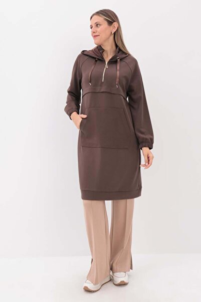 ALLDAY Καφέ-Μπροστινό Ρόμπα Ντούμπλι Σουίτ Τούνικ