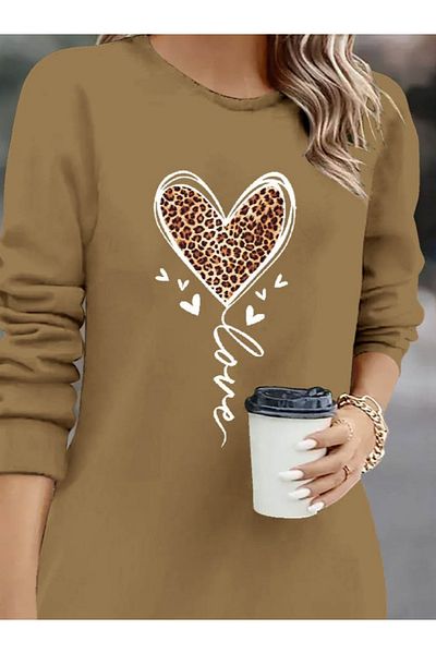 Miracle Omni Women's Long Sleeve Crew Neck Heart Print Short Viscose Dress