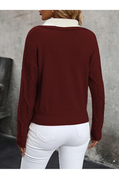citystyle Pulover de damă din tricot roșu Claret cu model tricotat cu gât polo
