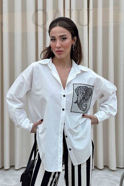 Qaju Ecru Women's Oversize Shirt - Elephant Pattern Embroidered