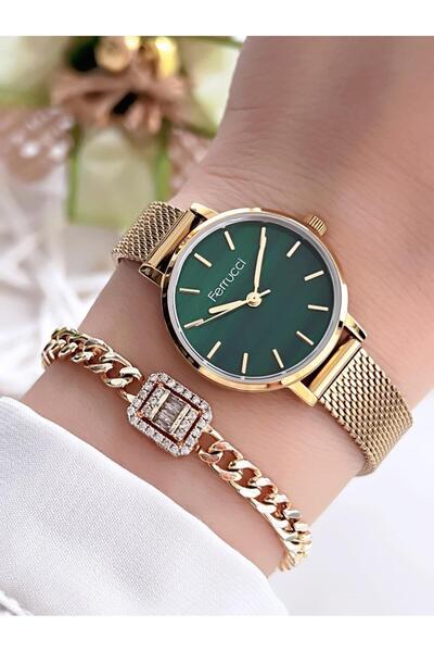 Ferrucci Kadın Kol Saati+Bileklik Özel Seri Çelik Kordon Kararma Renk Atma Yapmaz VS.BLKT.0081