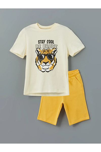 LC Waikiki Lcw Kids Beige Crew Neck Printed Boys T-Shirts and Shorts 2-Piece
