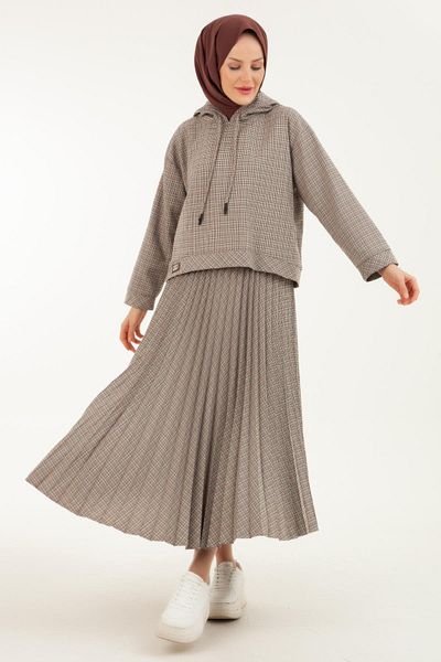 Armine TREND Armine Trend Hooded Blouse and Elastic Waisted Pleated Plaid Patterned Skirt