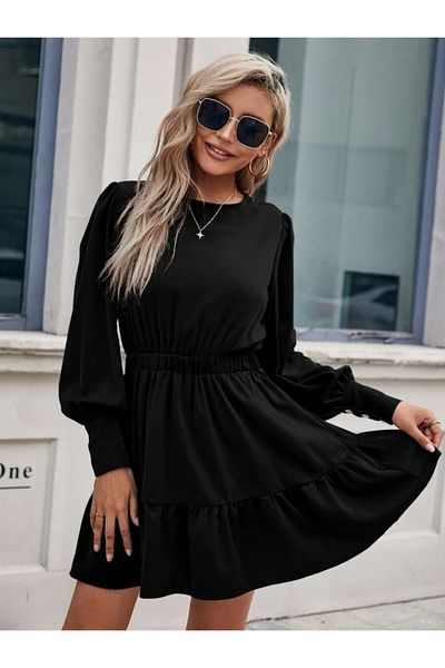 İpeksi Silky Women's Long Sleeve Crew Neck Elastic Waist Ruffled Imported Crepe Dress