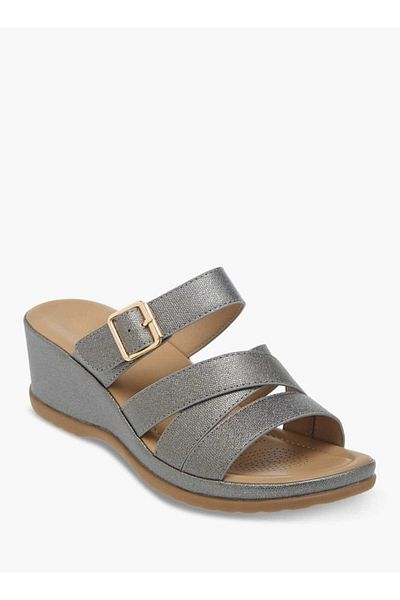 Flora Bella by Shoexpress Flora Bella Textured Slip-On Wedge Heel Sandals with Buckle Detail