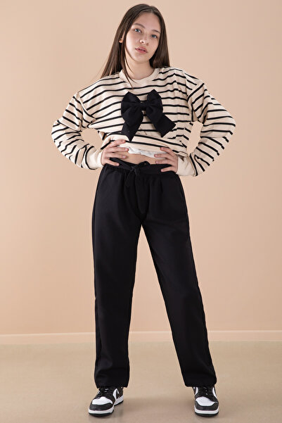 Cansın Mini Krem Çizgili Sweatshirt Kuşaklı Pantolonlu Kız Çocuk Takım 20254