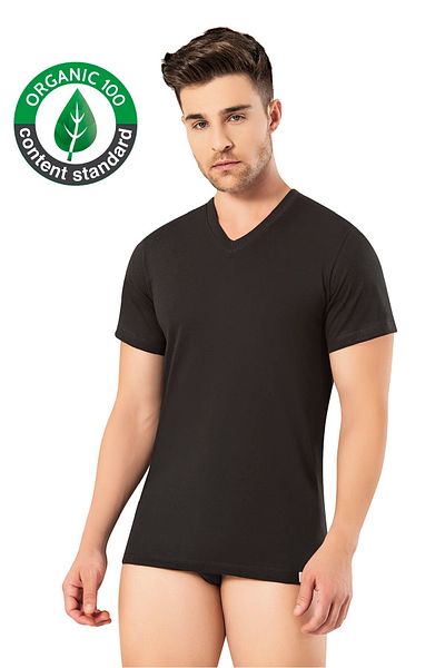 OMERA 3 Pieces, 100% Organic Cotton Rib, V-Neck Men's T-Shirt & Undershirt, Black, Ocs Certified