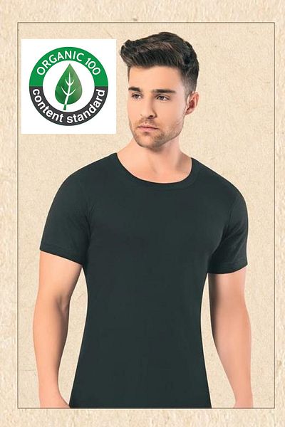 OMERA 3 Pieces, 100% Organic Cotton, Wide Collar Men's T-Shirt & Undershirt, Black,