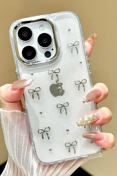 WANNA PROTECT iPhone 16 Pro Max Uyumlu Fiyonk Desenli Şeffaf Kapak Simli Darb...