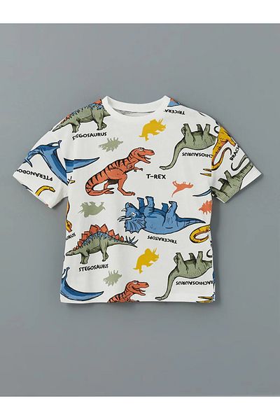 LC Waikiki Lcw Kids Ecru Crew Neck Printed Boys T-Shirts and Shorts 2-Piece