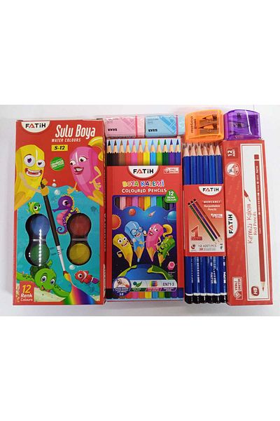 Fatih Eko Stationery Set - 12 Sticks Water Dry Paint Red Pencil and 2 Acak 2 Eraser