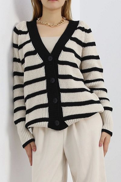 Afrodit Black Latte Striped Cardigan - 4017.1577