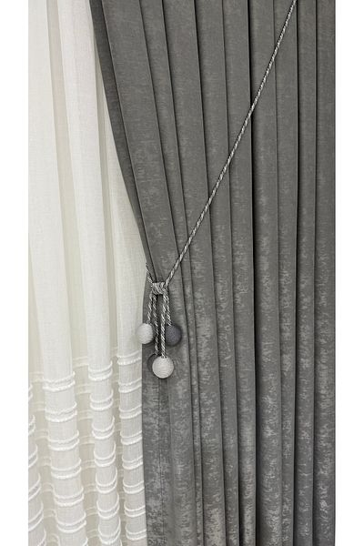 Fon Dünyası Velvet Textured Luxury Background Curtain Gray Tight Pleat (Single Wing)