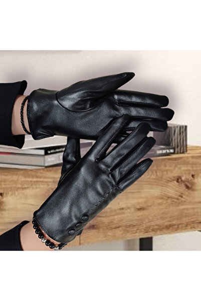 Özyıldırım Çarşı Pazar Mănuși de lux din piele artificială de culoare neagră pentru femei, rezistente la apă și la frig