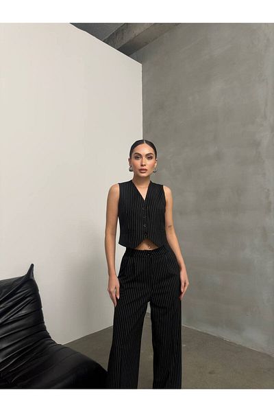 Bak'ap Palazzo Pants and Vest Two-Piece Set - Lined Stripe