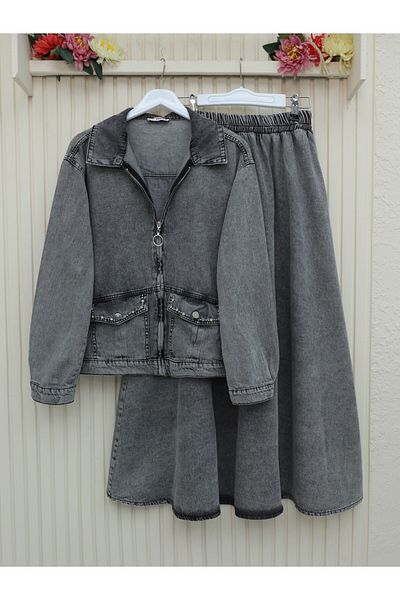 Modamorfo Jeans Set with Zippered Pocket and Stone Detail - Smoked
