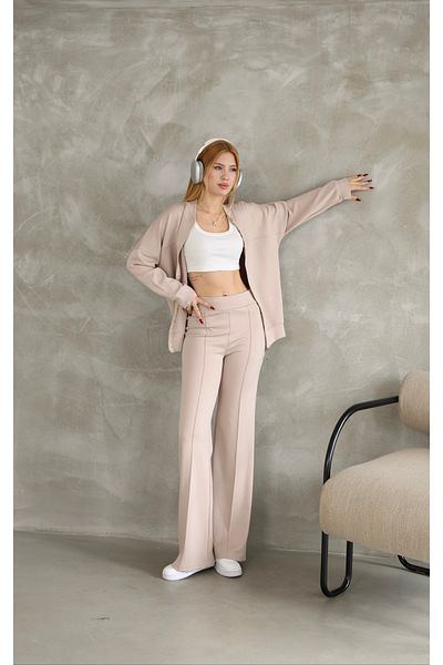 02Lady Fashion Oversized Zippered Grass Detail Wide Leg Modal Fabric Tracksuit Set