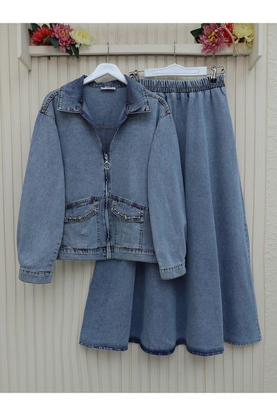 Modamorfo Set de blugi Ice Blue - Fermoar pe lungime și detaliu de piatră