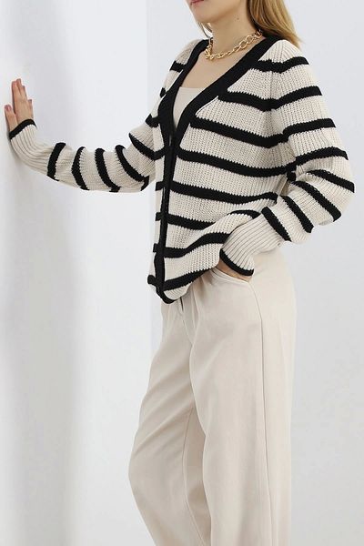 Afrodit Black Latte Striped Cardigan - 4017.1577