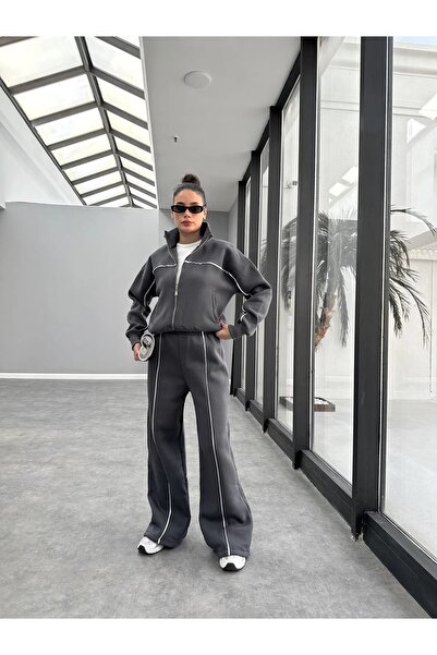 02Lady Fashion Set de trening oversize cu fermoar, cu 3 fire, cu picior lat