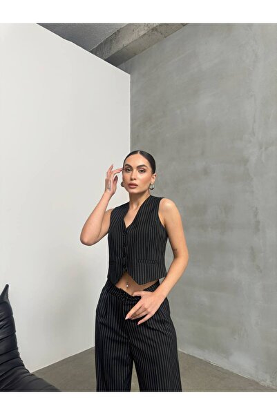 Bak'ap Palazzo Pants and Vest Two-Piece Set - Lined Stripe