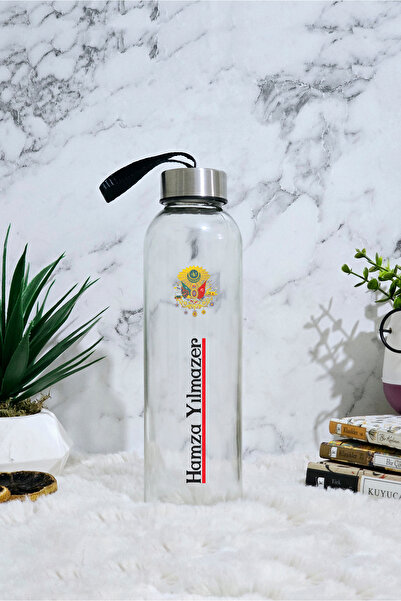 GUPSE Kişiye Özel İsimli Osmanlı Tasarımlı Cam Su Şişesi & Matara Siyah Kılıf Hediyeli
