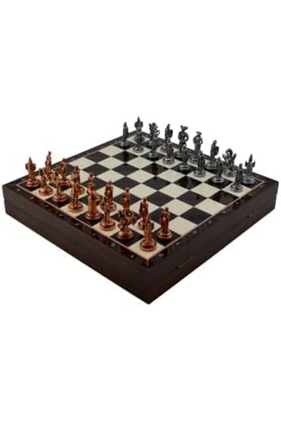 STOREMAX Ntwork Medium Size Metal Spanish Chess Set Mdf Board with Antique and Walnut Pattern with Storage Box (36
