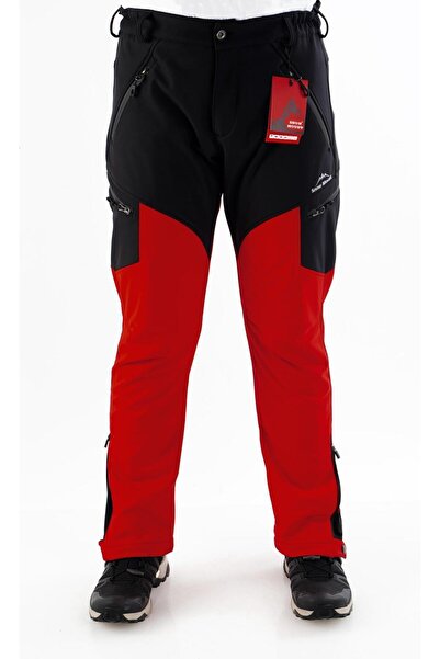 SNOWMOUNT Erkek Siyah Kırmızı Outdoor Kışlık Softshell Paça Fermuarsız Pantolon