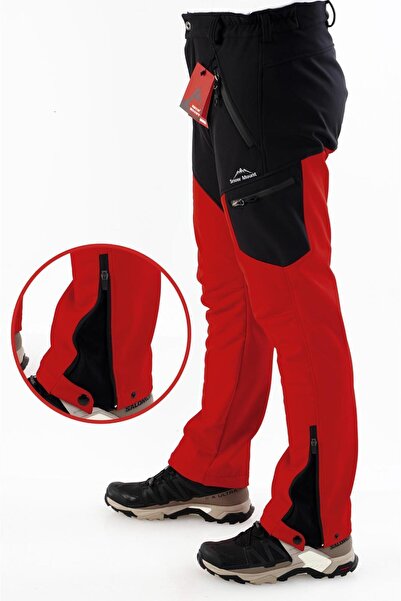 SNOWMOUNT Erkek Siyah Kırmızı Outdoor Kışlık Softshell Paça Fermuarsız Pantolon