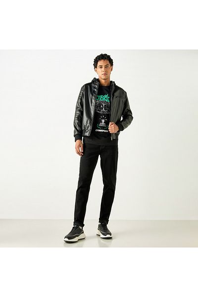 Lee Cooper Solid Zip Through Biker Jacket With Hood And Pockets