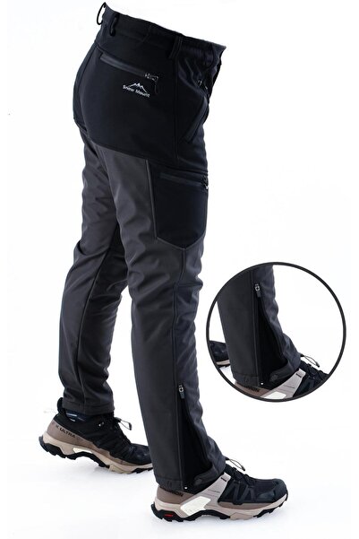 SNOWMOUNT Siyah Antrasit Renk Paça Fermuarlı Softshell Polarlı Kışlık Outdoor Şık Pantolon