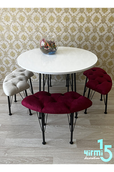 Yirmi15 Beyaz Yuvarlak Masalı Bench Takımı Bench & Puf takımı Beyaz  Masa Krem-Bordo Bench