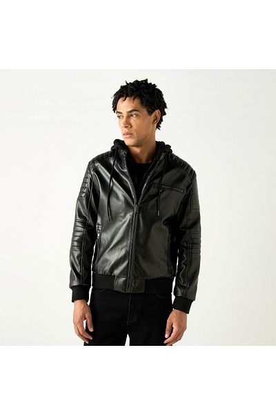 Lee Cooper Solid Zip Through Biker Jacket With Hood And Pockets