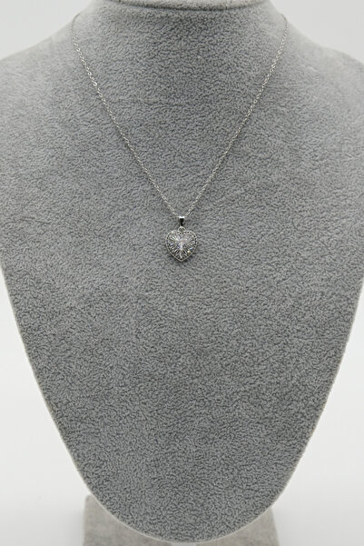 TAKIBOX Silver Color Stone Heart Inside Small Heart Detail Steel Necklace