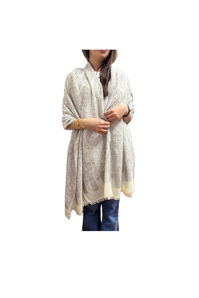 MODA White Ethnic Floral Pattern 100% Cashmere Shawl