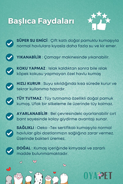 oyapet Premium® Doğal Pamuklu Süper Su Emici Lüks Havlu Ayarlanabilir Bel Küçük ve Büyük Irk İçin Bornoz
