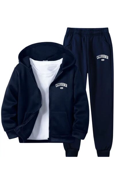 buendiakids طقم بدلة رياضية بقبعة كينغ مطبوع عليه سحاب أزرق داكن ملكي مطبوع ع...