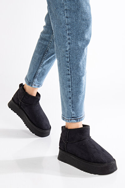 moun shoes KADIN SİYAH SÜET İÇİ KÜRKLÜ KALIN TABAN BİLEKTE KISA KADIN BOT & BOOTİE